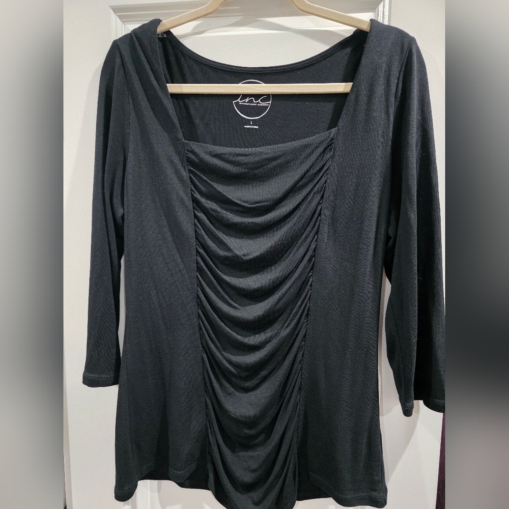 INC International Concepts Black Rouched Center Top Blouse Shirt Women L
